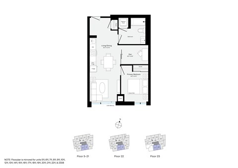 Floor plan for 1 bed, 1 bath, 607 sqft